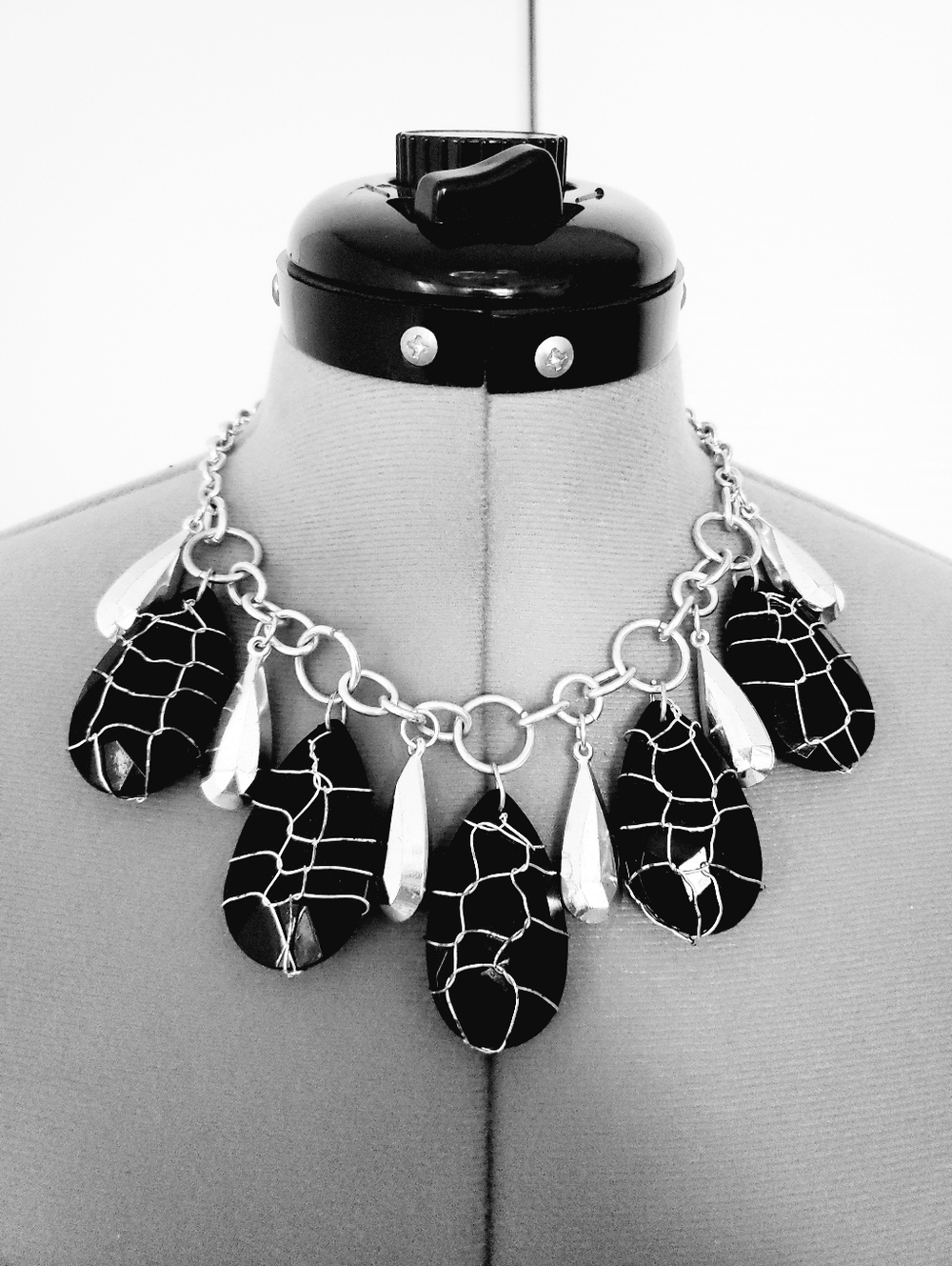 Nena Statement Wire Wrap Black Teardrops Silver Tone  Necklace